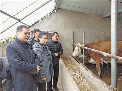 <p>　　藍主保（右二）和許坤煌（左一）在海原縣三河鎮入戶了解貧困戶發展養殖產業情況。</p>